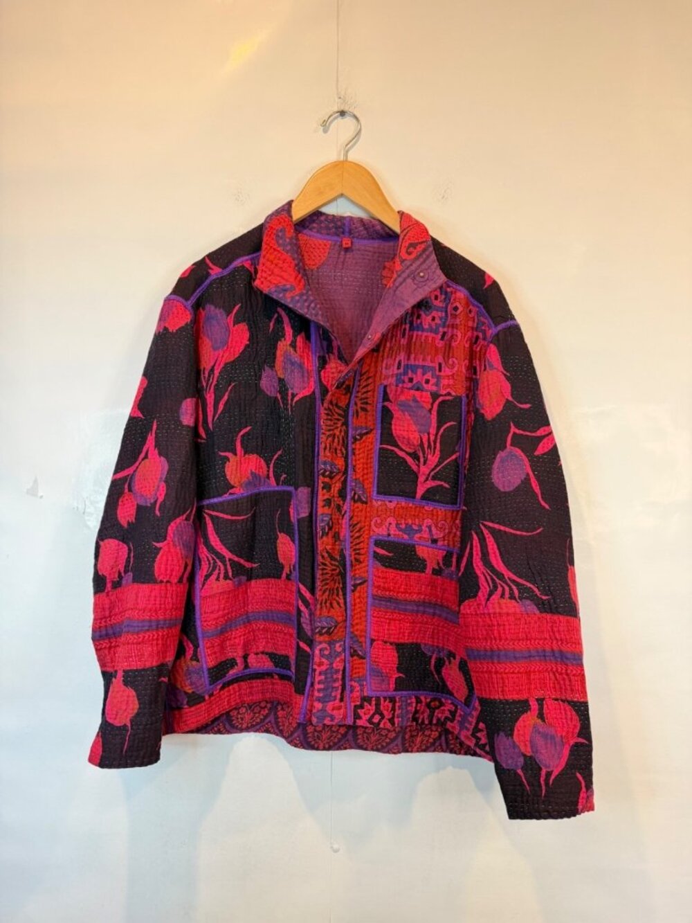 Mieko Mintz Women's Red Purple Floral Art To Wear Jacket Snap Front Handmade